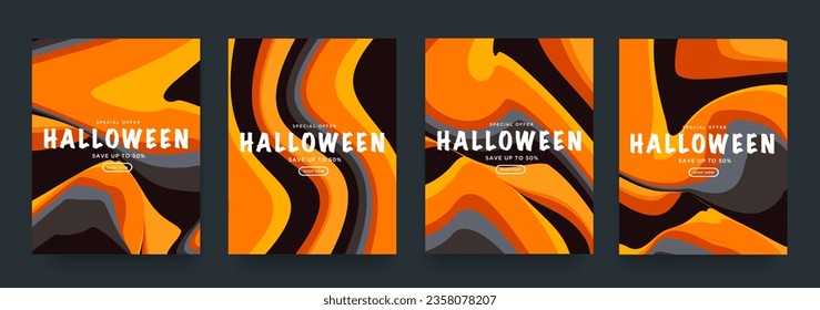 Set Psychedelic Halloween Background. Trendy Gradient Design Liquid in Orange, Yellow, Brown, Black Colors. Discount Offer 50%. Abstract Pattern for Advertising, Web, Poster, Banner, Cover.