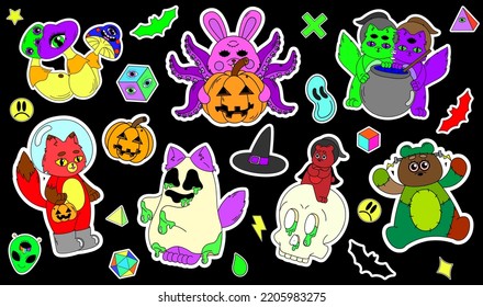 A set of psychedelic Halloween stickers. A bunny with tentacles, a fox in a spacesuit, green goo, a Frankenstein bear. Surrealism.