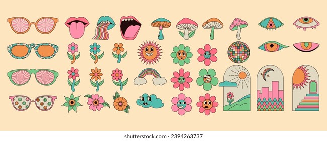 Set of psychedelic hippie stickers with groovy mushrooms, sun, flower, lips, eyes, sunglasses and more. Retro vector graphics.