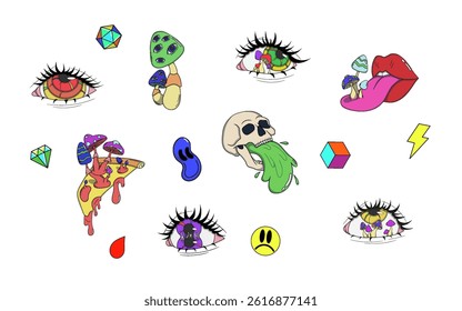 Set of psychedelic illustration, abstract icons and symbols. Collection of colorful eyes, skulls, 3D cubes, mushroom, lips. 