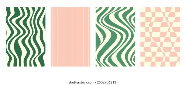 Set of psychedelic line, chessboard and wavy abstract patterns. Vector funky hippie backgrounds in pink and green pastel colors