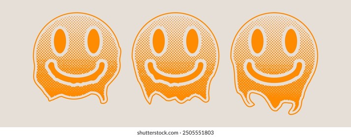 Set of psychedelic melting smiles with halftone effect. Black dots and pop art texture. Retro vector illustration