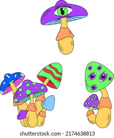 A set of psychedelic mushrooms. Vector illustration isolated on a white background