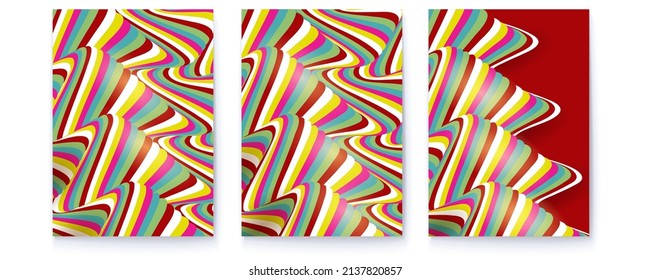 Set of psychedelic posters. Pattern from colorful stripes. Optical illusion from narrow lines. Vector 3d illustration.