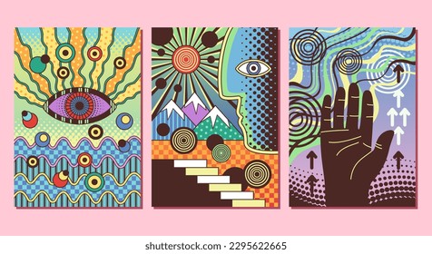 Set of psychedelic posters. Retro banners or decorative templates with eye, checkerboard texture, stairs and dark mystical hand. 1980s style design. Cartoon flat vector illustration isolated on pink