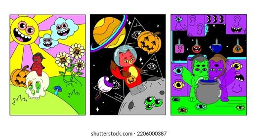 A set of psychedelic posters. Space, mushrooms, monsters, strange animals, an eye in a triangle. Surrealism.