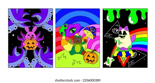A set of psychedelic posters. Space, mushrooms, monsters, strange animals, an eye in a triangle. Surrealism.