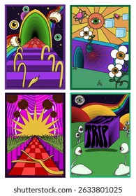 Set of psychedelic posters with trippy cubes, surreal mushrooms, rainbow elements, cosmic backgrounds, distorted text, and vibrant retro visuals in a bold dreamlike style.