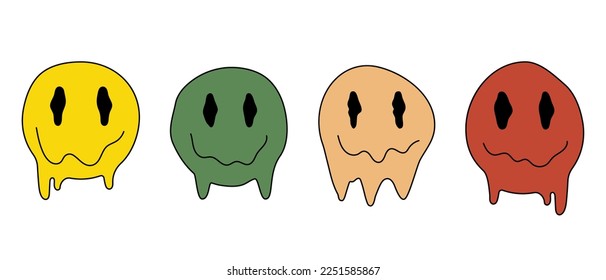 Set von psychedelischen, quirligen Cartoon Gesicht. Geschmolzene lächelnde Gesichter im Trippy-Säure-Rave-Stil. Design für Aufkleber, Sweatshirts, T-Shirts. Vektorgrafik