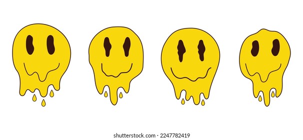 Set of psychedelic quirky face. Melted smile faces in trippy acid rave style. Design for stickers, sweatshirts, t-shirts. Vector illustration