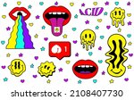 Set of psychedelic retro cartoon stickers isolated on white background. Melting or dripping smiles, tongue with drugs, funny banner with like, rainbow, comic mouth etc. Set of vector icons