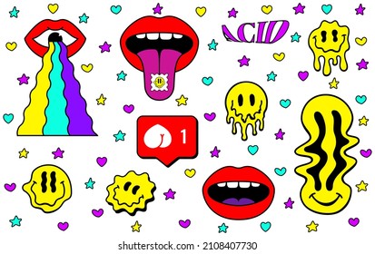 Set of psychedelic retro cartoon stickers isolated on white background. Melting or dripping smiles, tongue with drugs, funny banner with like, rainbow, comic mouth etc. Set of vector icons