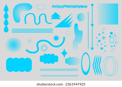 Set psychedelic retro futuristic abstract geometric shapes wireframe, cyberpunk elements. Neon colors isolated