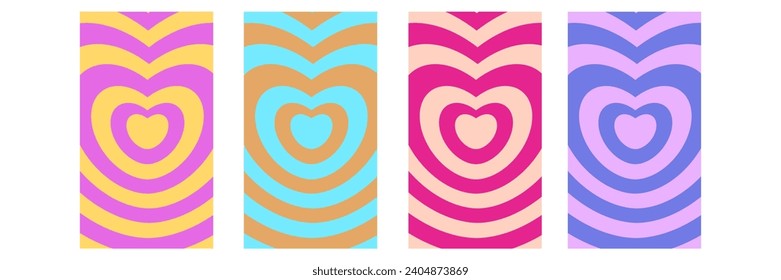 Conjunto de túnel de neón psicodélico retro en forma de corazón. Banner vertical de fondo del arco iris hipnótico romántico de los años 70