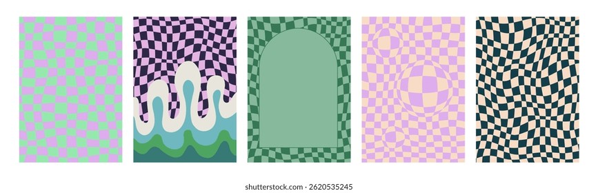 Set of psychedelic retro patterns. Abstract Groovy backgrounds. Trendy twisted and checkered vector texture in abstract y2k style. Vector graphic for posters and art prints.