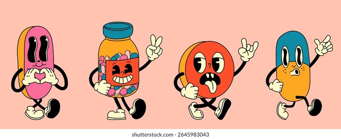 Conjunto de Personagens de Animação de Pílula Retro Psicodélico
