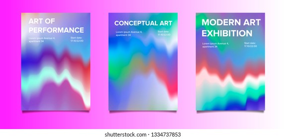 Set of psychedelic retrowave poster with glitch effect for art and music party. Holographic texture with rainbow colorful stains.