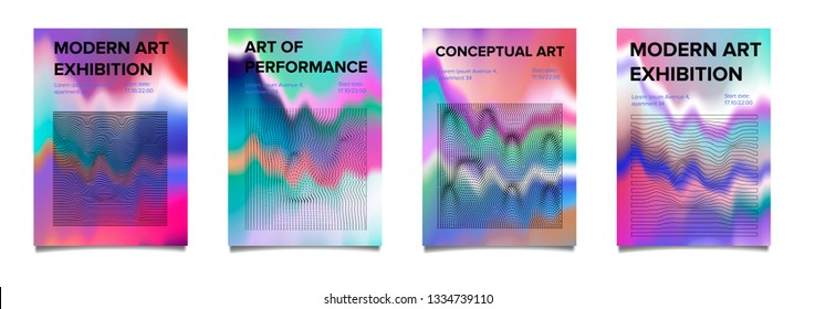 Set of psychedelic retrowave poster with glitch effect for art and music party. Holographic texture with rainbow colorful stains.