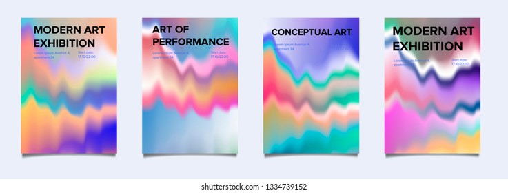 Set of psychedelic retrowave poster with glitch effect for art and music party. Holographic texture with rainbow colorful stains.