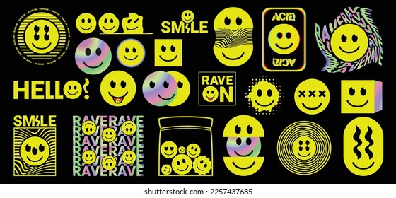 Set of Psychedelic smiles badges. Acid style for rave. Hipster, trendy sticker set. Vector illustration