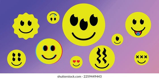 Set of Psychedelic smiles badges. Acid style for rave. Hipster, trendy sticker set. Vector illustration
