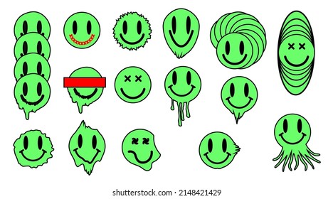 A set of psychedelic smiles, positive emotions, melting molten or oozing smiles. Smile, symbol. Isolated elements on a white background.