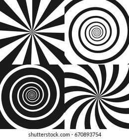 Set of Psychedelic spiral with radial rays, twirl, twisted comic effect, vortex backgrounds. Vector illustration. Design elements.