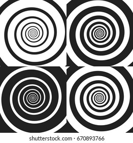 Set of Psychedelic spiral with radial rays, twirl, twisted comic effect, vortex backgrounds. Vector illustration. Design elements.