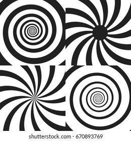 Set of Psychedelic spiral with radial rays, twirl, twisted comic effect, vortex backgrounds. Vector illustration. Design elements.