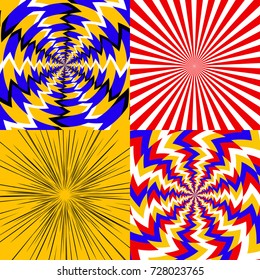 Set of psychedelic spiral with radial rays, optical spin, vortex backgrounds - vector