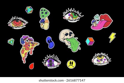 Set of psychedelic stickers, abstract icons and symbols. Collection of colorful eyes, skulls, 3D cubes, mushroom, lips. 