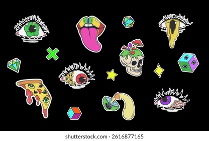 Set of psychedelic stickers, abstract icons and symbols. Collection of colorful eyes, skulls, 3D cubes, mushroom, lips. Modern cartoon-style vector illustrations on white background.