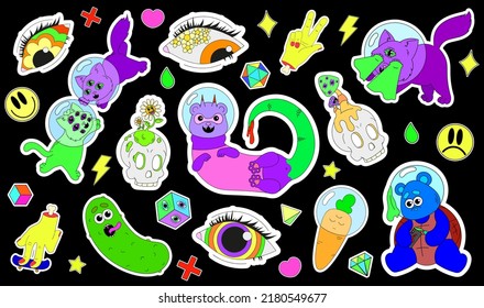 A set of psychedelic stickers with space animals in helmets, psychedelic skulls and eyes, hands with protruding bones and strange vegetables. Surrealism