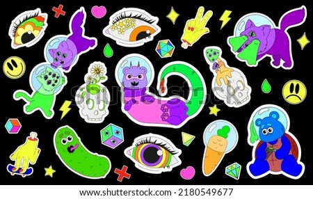 A set of psychedelic stickers with space animals in helmets, psychedelic skulls and eyes, hands with protruding bones and strange vegetables. Surrealism