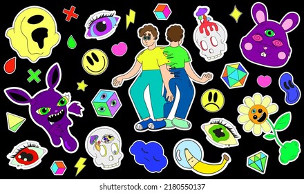 A set of psychedelic stickers with a strange man, a psychedelic purple rabbit, psychedelic skulls and eyes. Surrealism