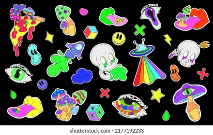 A set of psychedelic stickers, UFOs, a skull spitting acid, a mushroom with an eye, pizza with psychedelic mushrooms. Surrealism.