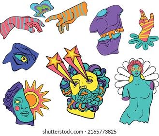 Set of psychedelic trippy greek sculpture. Greek sculpture multicolored stickers pack. Set of cartoon vector illustrations in trendy psychedelic style