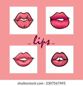 Set psychedelic trippy lips isolated, cute cartoon lips teeth, vector illustration