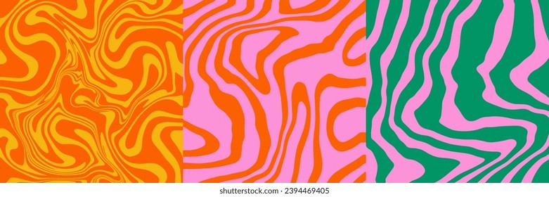 Set of Psychedelic trippy y2k set retro background with different swirls. Simple flat vector illustration. Groovy wave print. Vintage duotone background. Psychedelic groovy spiral