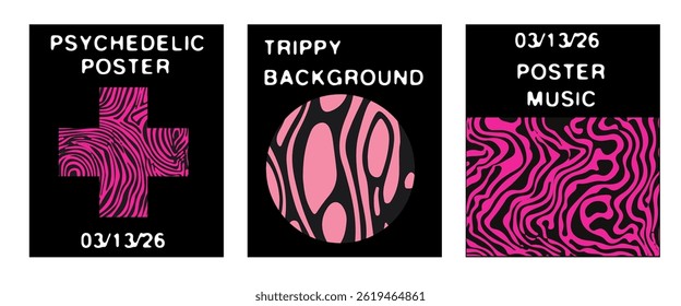 Set of psychedelic vector posters with vivid pink and black swirling patterns in cross, circle, and rectangle shapes, perfect for music, party, or creative event designs.