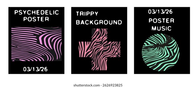 Set of psychedelic vector posters with vivid swirling patterns in cross, circle, and rectangle shapes, perfect for music, party, or creative event designs.