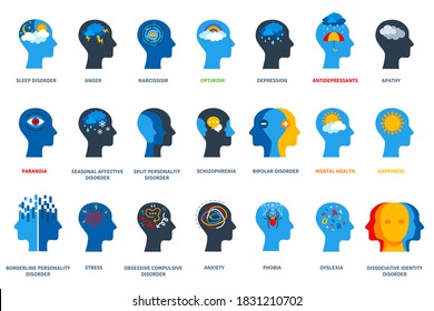 Set Of Psychological Problems Concept On White Background. Mental Disorders, Illnesses And Psychiatry. Human Head Flat Icons. Depression, Bipolar And Ocd Psychology Logo.