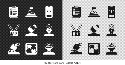 Set Psychological test, Mountains with flag on top, Online psychological counseling, Sedative pills, Solution problem psychology, Concussion, headache, Psychology and  icon. Vector