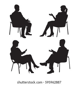 Set of psychologist and the client. Psychotherapy. Psycho therapeutic session. Psychological counseling. Man woman talking while sitting. Silhouette.Black profile. logotype, logo