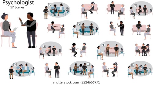 Set of psychologist counceling single people and couples. Psychological help concept. Mental health therapy sessions. Stock vector illustrations.