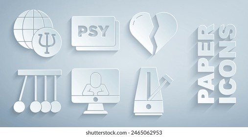 Set Psychologist online, Broken heart or divorce, Pendulum, Metronome with pendulum, Psychology, Psi and  icon. Vector