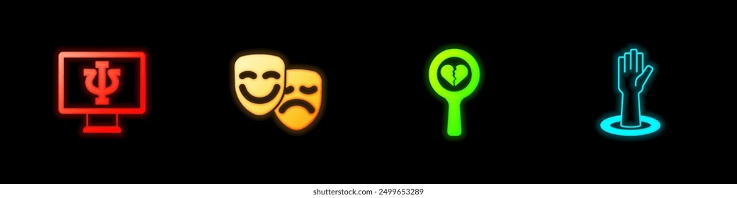 Set Psychologist online, Comedy and tragedy masks, Broken heart or divorce and Helping hand icon. Vector