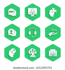 Set Psychologist online, Head with question mark, Solution to the problem, Addiction drug, Graves funeral sorrow,  and Psychology, Psi icon. Vector