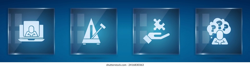 Set Psychologist online, Metronome with pendulum, Solution to the problem and Head question mark. Square glass panels. Vector