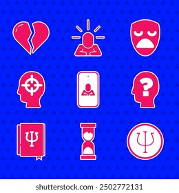 Set Psychologist online, Old hourglass, Psychology, Psi, Head with question mark, book,, Finding problem, Drama theatrical mask and Broken heart or divorce icon. Vector